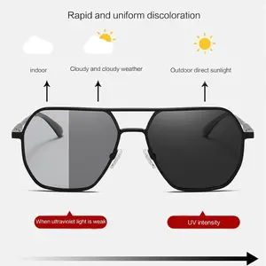 Smart Color Changing Double Bridge Sunglasses, Black Metal Photochromic Lens for Day Night Driving, Outdoor Fishing & Daily Office