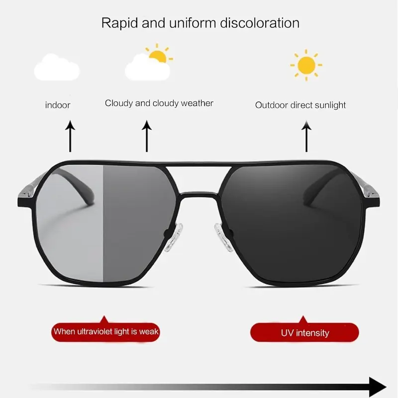 Men's Pilot Sunglasses, Photochromic Double Bridge Metal Frame with UV Filtering Lenses for All-Season Day and Night Driving, Adult, Curved, Anti-Slip Design, Double Bridge Sunglasses, Adjustable Nose Pads, Auto-Tinting, Pilot Look