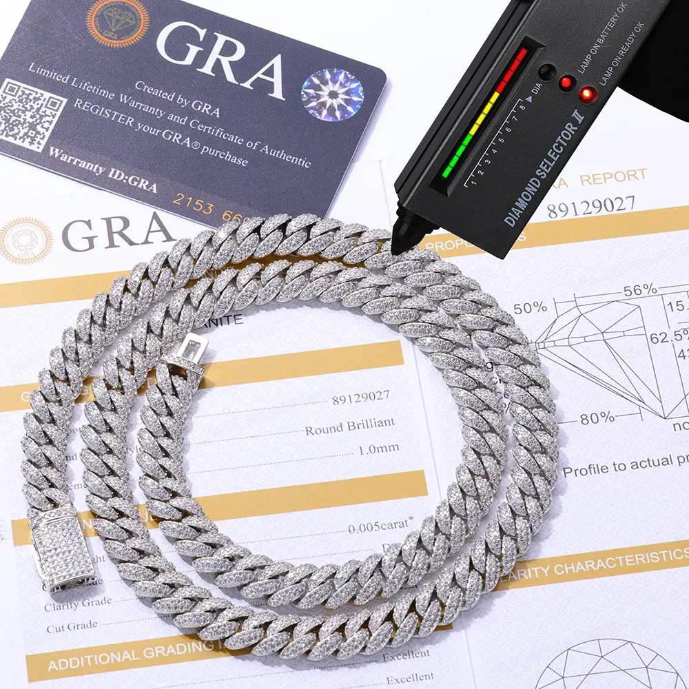10MM  Out Chain Diamond Cuban Link Chain Bracelet Men Hip Hop Shiny Vvs Moissanite 925 Silver Cuban Necklace