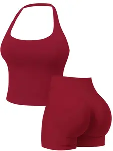 Two-Piece Women's Solid Color Halter Top & High-Waist Shorts Sports Set, Sporty Breathable Activewear Quick-Drying Outfit for Yoga, Gym, Workout and Running, Ladies Fitness Sportswear for Summer, Yoga Clothes Set