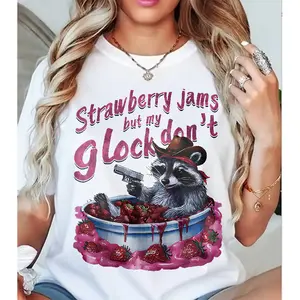 Funny Meme Raccoon Cowboy Graphic Tee| Y2K Strawberry Jam Shirt  Casual and Versatile