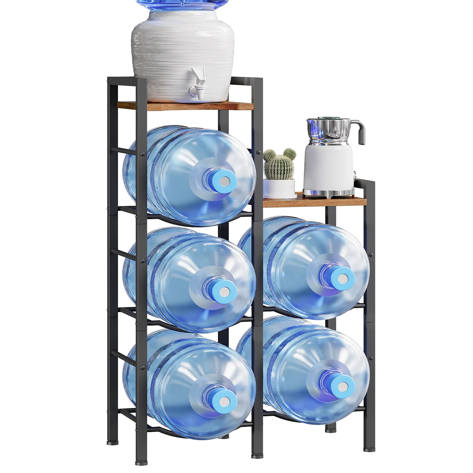 HOOBRO 5 Gallon Water Jug Holder, Water Bottle Holder Organizer with Wooden Top Shelves, Industrial-Style Bottle Storage Rack with Fenced Top, for Home, Office, Rustic Brown and Black