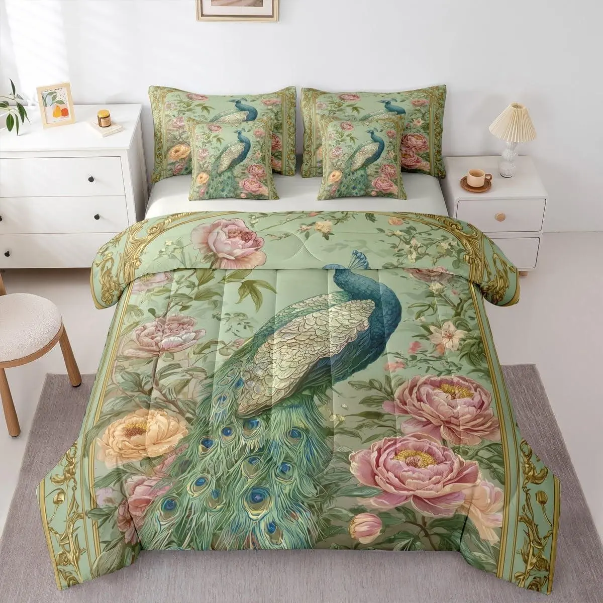 Vintage Peacock 7 Piece Comforter Set,Bohemian Floral Peacock Bed in A Bag Garden Peony Flower Bedding Set,for Kids Boys Girls Wildlife Mint Turquoise Sheet Set with Comforter