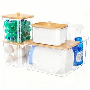 Trash Bag Dispenser Dishwasher Pod Holder - 5 in 1 Plastic Garbage Bag Under Sink Organizer, Acrylic Dryer Sheet Balls Laundry Pods Container with Bamboo Lid, Pantry Organizers and Storage Box