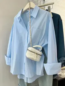 Women's Summer Loose Long Sleeve Light Blue Linen Shirt, Trendy Street Casual Style Button-Up Top, Comfortable Breathable Fit for Summer Wear