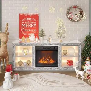 Karlhome Mirrored Fireplace TV Stand for 70" TV, Diamond Entertainment Center with Shelves ＆ 20 Color LED Lights, Media Console Table with 18'' Electric Fireplace for Living Room/Bedroom (Assembled)