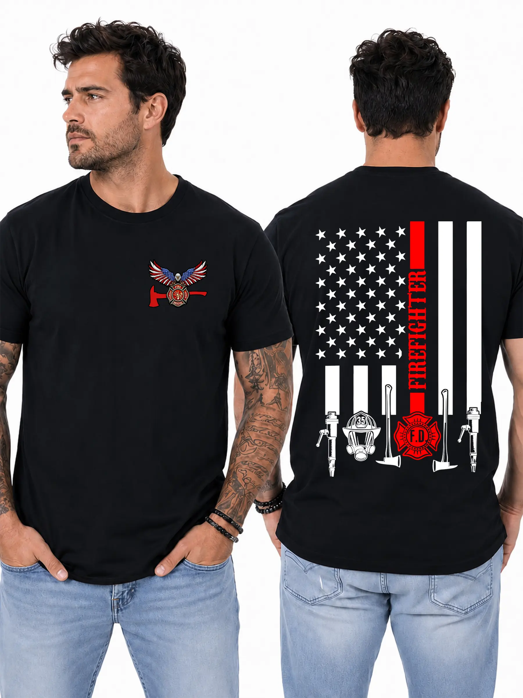 Firefighter T-Shirt, Thin Red Line American Flag Print, Fire Rescue Graphic Tee, Unisex Navy Shirt for First Responders and Heroes Design
