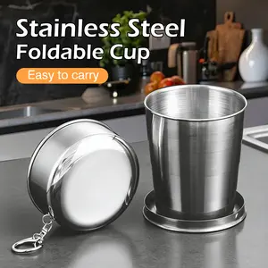 1 Count Stainless Steel Foldable Cup, with lid and foldable wine glass, portable travel cup with keychain for outdoor activities