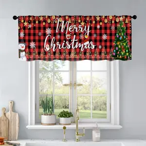 1 pc Black And Red Checkered Christmas Tree Snowman Print Kitchen Curtains Valance Living Room Bedroom Bathroom Home Decoration 54x18 Inch