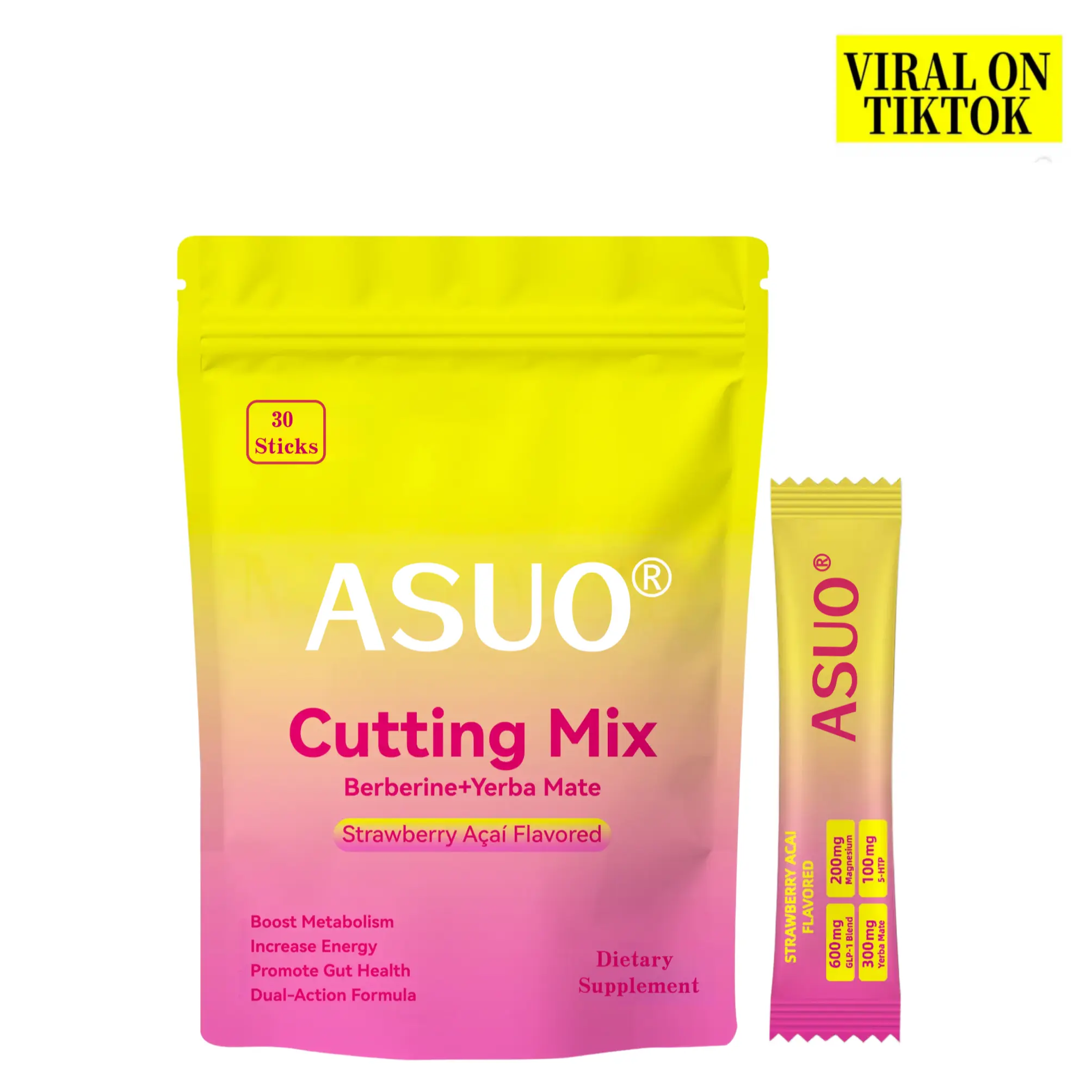 ASUO Strawberry Acai Flavor Cutting Mix - Berberine +Yerba Mate forGym Goals, Metabolism & Energy Support,30Sticks Drink Dietary Edible Fitness Optimum  Supplement