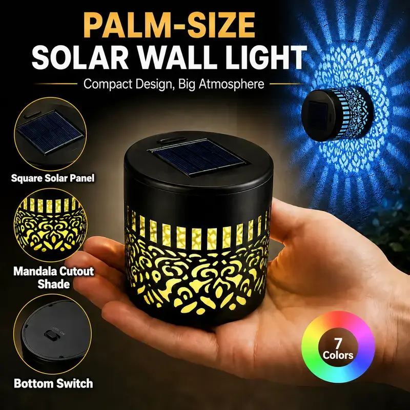 Geometric Solar Mandala Projection Fence Lights - 7 Color Changing Metal Solar Outdoor Lamp, Waterproof Wall Lights for Patio Lighting, Courtyards, Halloween 2026 Party Gift Decor