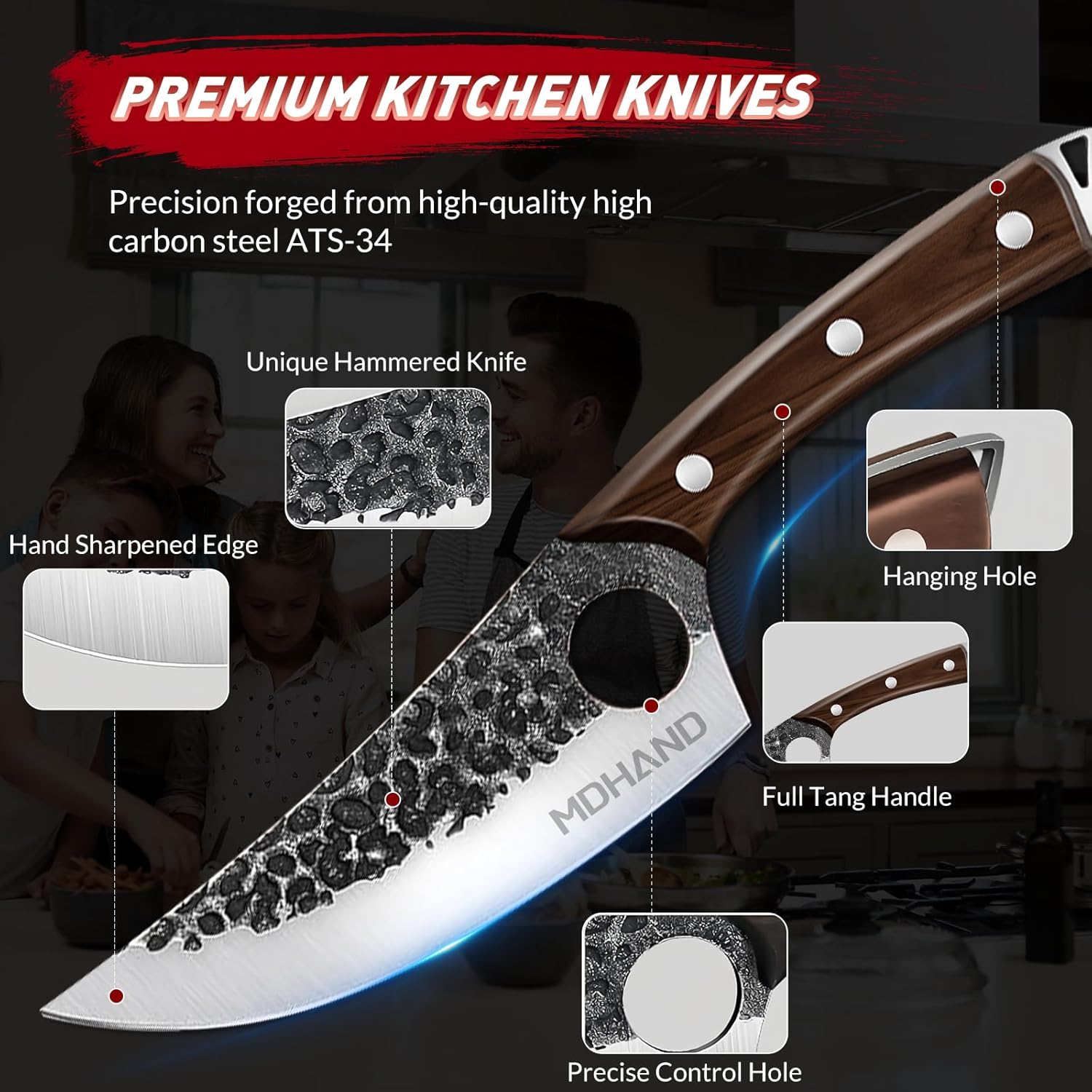 MDHAND Professional Chef Knife, Kitchen Knife Set, Butcher Knife, Hand Forged Serbian Chef Knife Set with Bag, High Carbon Steel Full Tang Kitchen Knives Set, Meat Cleaver & Boning Knife for Brisket Trimming BBQ Camping, Best Gift