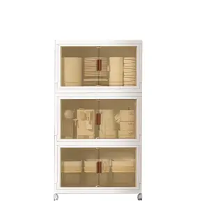 Stackable plastic storage boxes with transparent doors, durable foldable design, suitable for kitchen and home organization, multi-purpose folding cabinet boxes, kitchen storage boxes and storage cabinets.