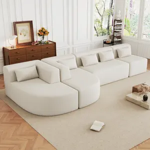 144 Inch Modular Sectional Sofa with Two Chaise Lounges and Five Throw Pillows, Free-Combined Upholstered Couch, Convertible L-Shaped Corner Sofa for Living Room, Apartment, Spacious Seating