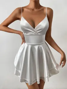 Women's Minimalist Lace Up Backless Tiered Layer Ruffle Trim Cami Dress As Birthday Gifts, Lady Silky Comfort Solid Wrap Spaghetti Strap Dress for Party Club Dating Casual Wear, Ladies Summer Clothes, Womenswear, Bodycon Dress