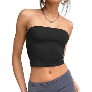 Solid Color Strapless Tube Crop Top - Stretchy Slim Fit Bandeau Top for Women 2026 Summer activewear