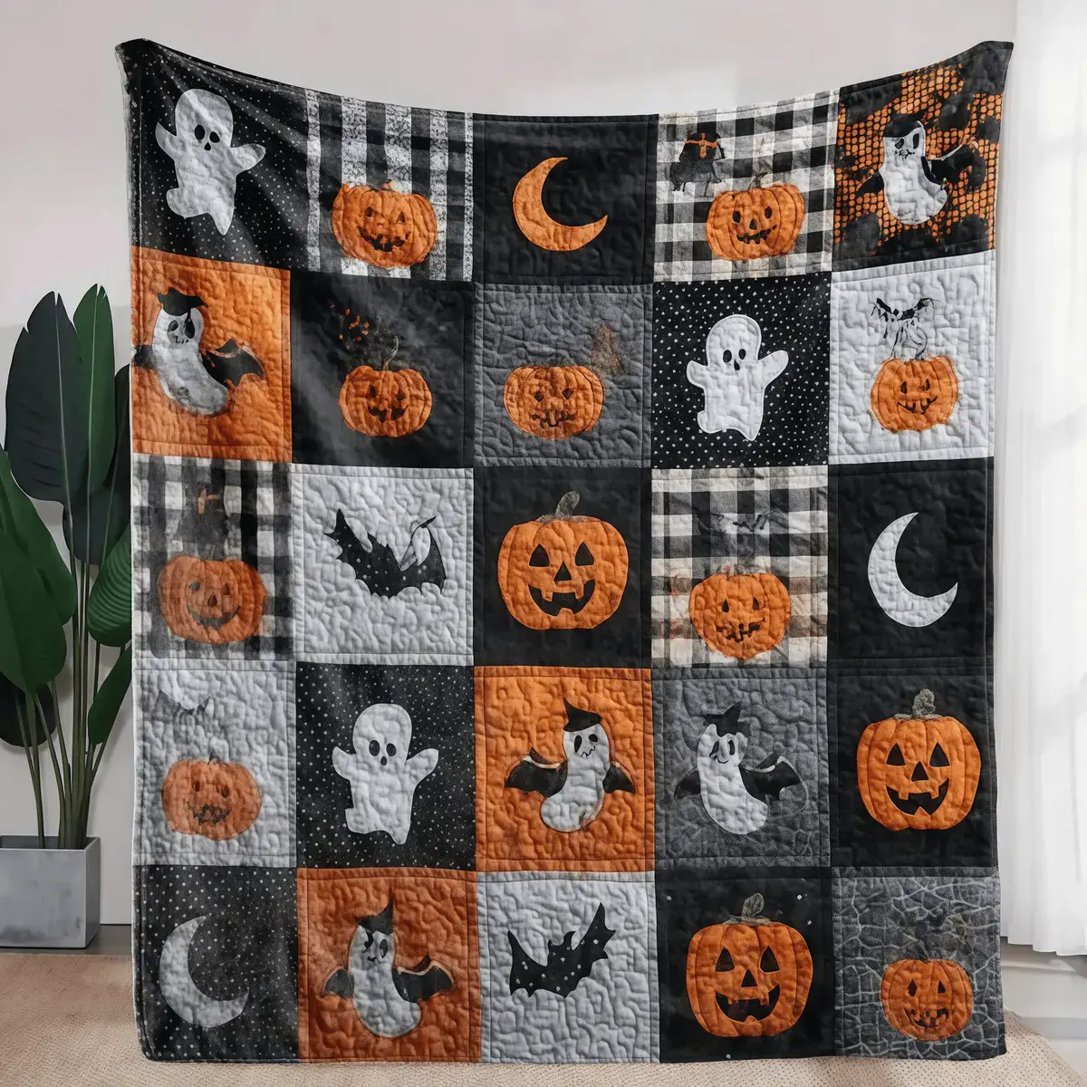 Halloween Patchwork Flannel Blanket - Ghost, Pumpkin, Buffalo Plaid, Bat, Moon Designs - Vintage Grid Couch Cover, Fall Bedroom Decor, Horror Lover Gifts for Family Friends