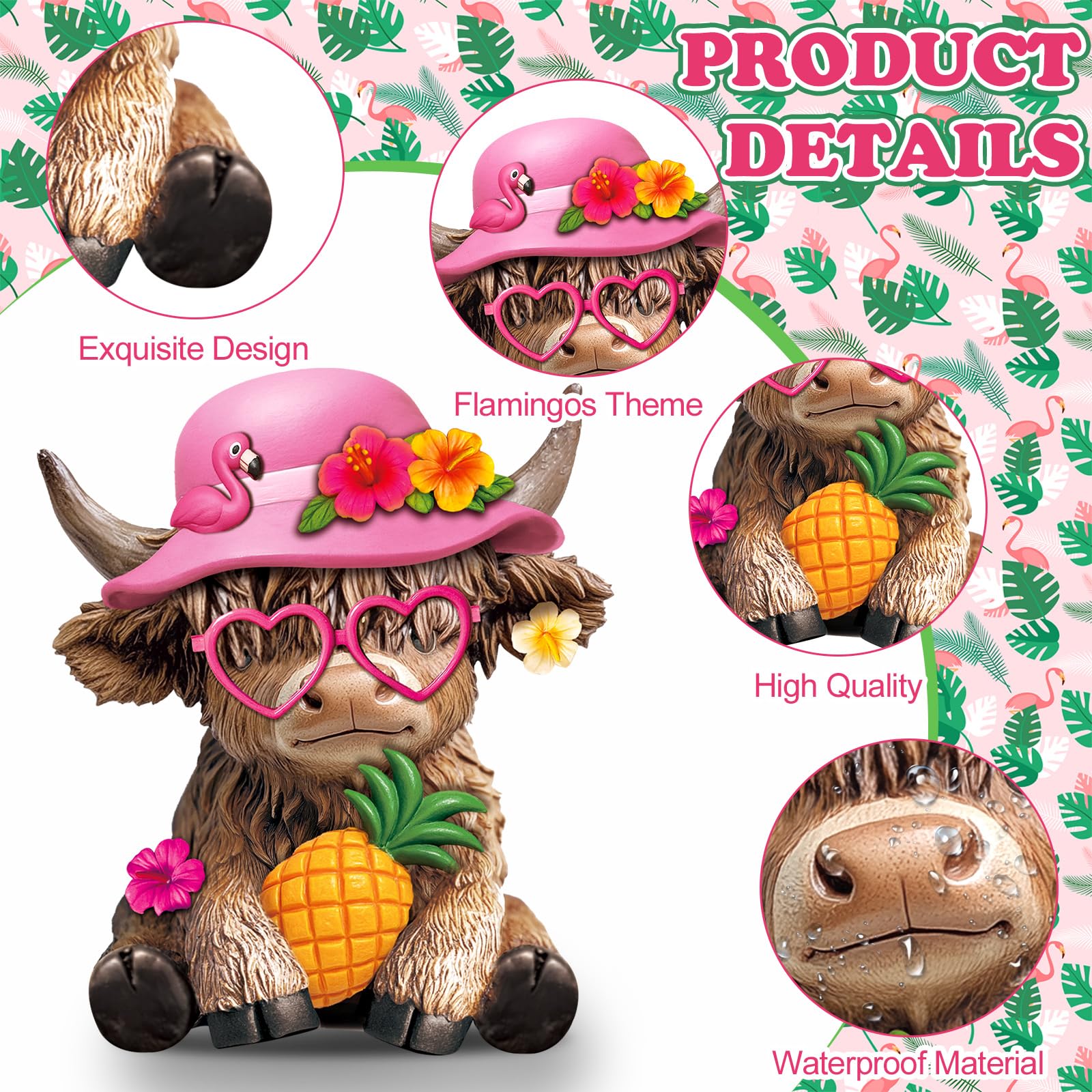 2 Pcs Hawaii Highland Cow Figurines Decor Summer Flamingo Resin Statue Gnomes Scottish Calf Lovers Housewarming Gifts for Coastal Garden Home Kitchen Office Tiered Tray Table Decor