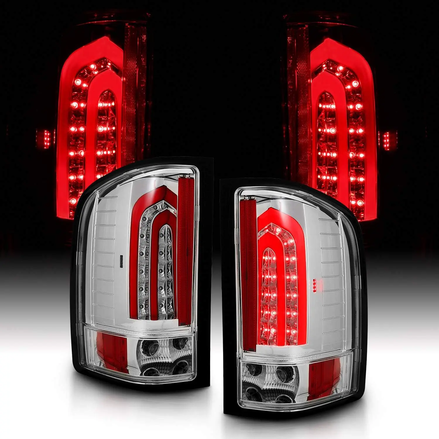 AmeriLite for 2007-2013 Chevy Silverado | GMC Sierra 3500 HD Dually ONLY Chrome Red LED Tube Taillights Back Light Assembly Set - Passenger and Driver Side