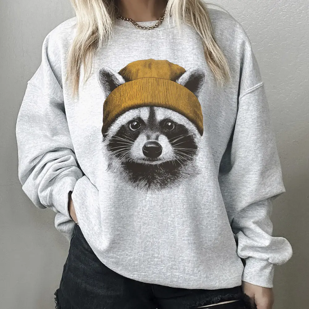 Women's Casual Sweatshirt, Retro Raccoon Graphic Print Cotton Blend Round Neck Streetwear Pullover