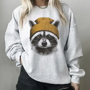 Women's Casual Sweatshirt, Retro Raccoon Graphic Print Cotton Blend Round Neck Streetwear Pullover
