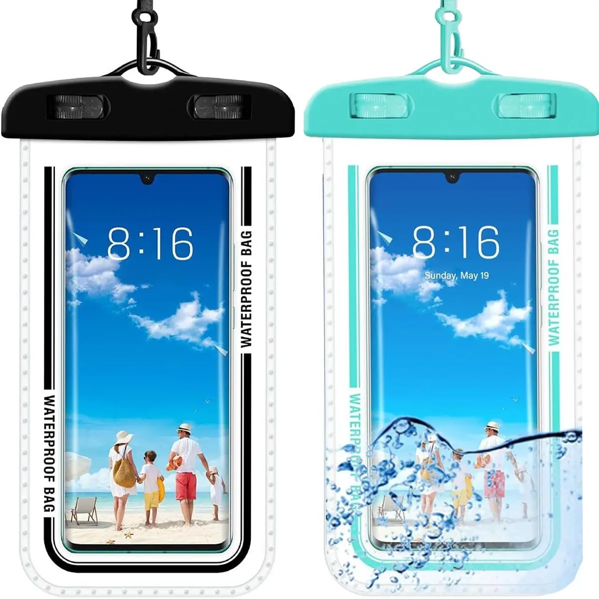 2-Pack Underwater Waterproof Phone Pouch with Lanyard - 30m Dive Compatible, Fits Up to 7 Inches, for Outdoor Water Sports, Paddle Boarding, Beach Swimming, Hot Spring, Boats (Black, Cyan)