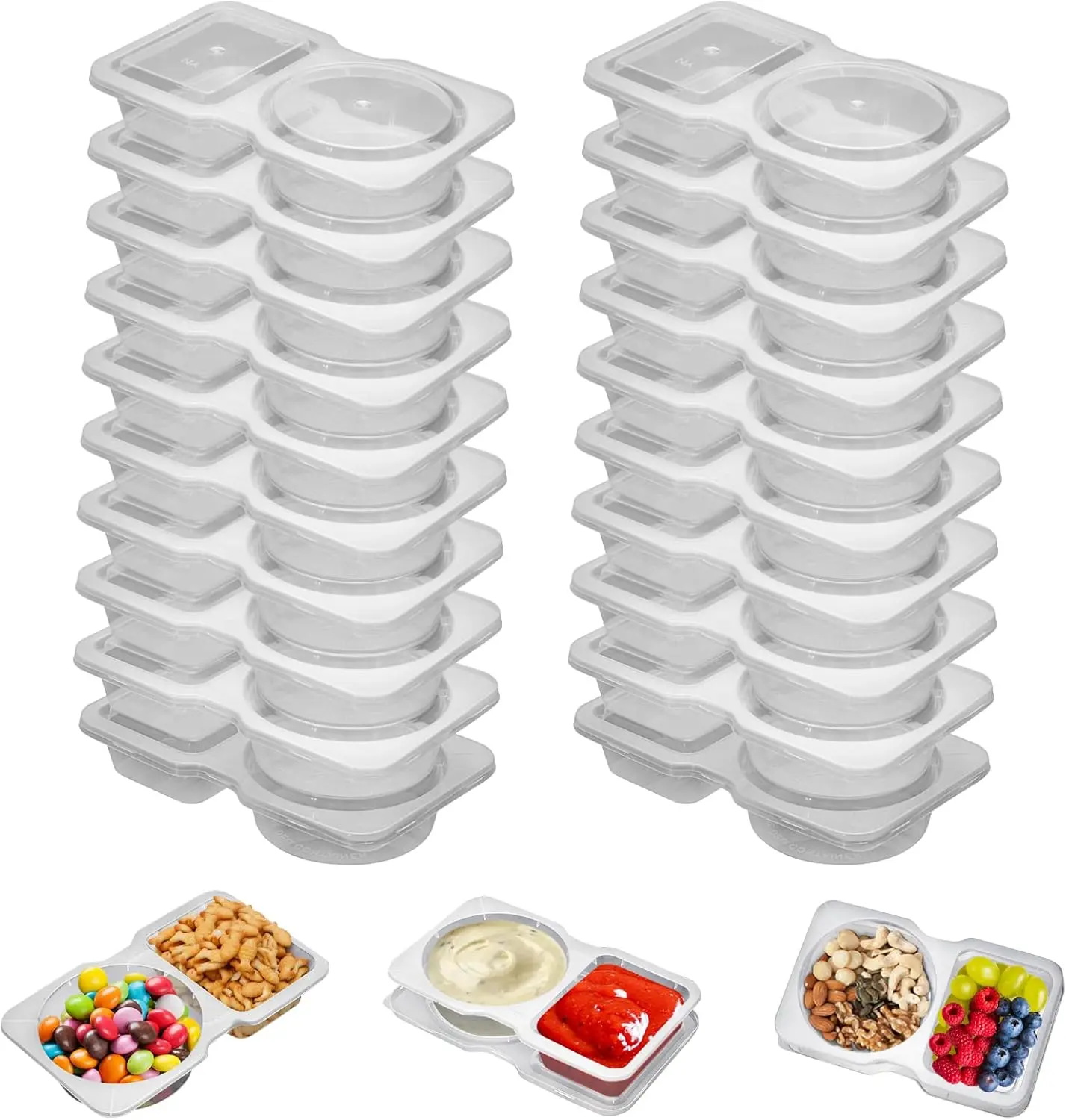 20 sets Reusable Snack Containers 2 Compartment Condiment Container With Lids Snackle Box Container Portion Control