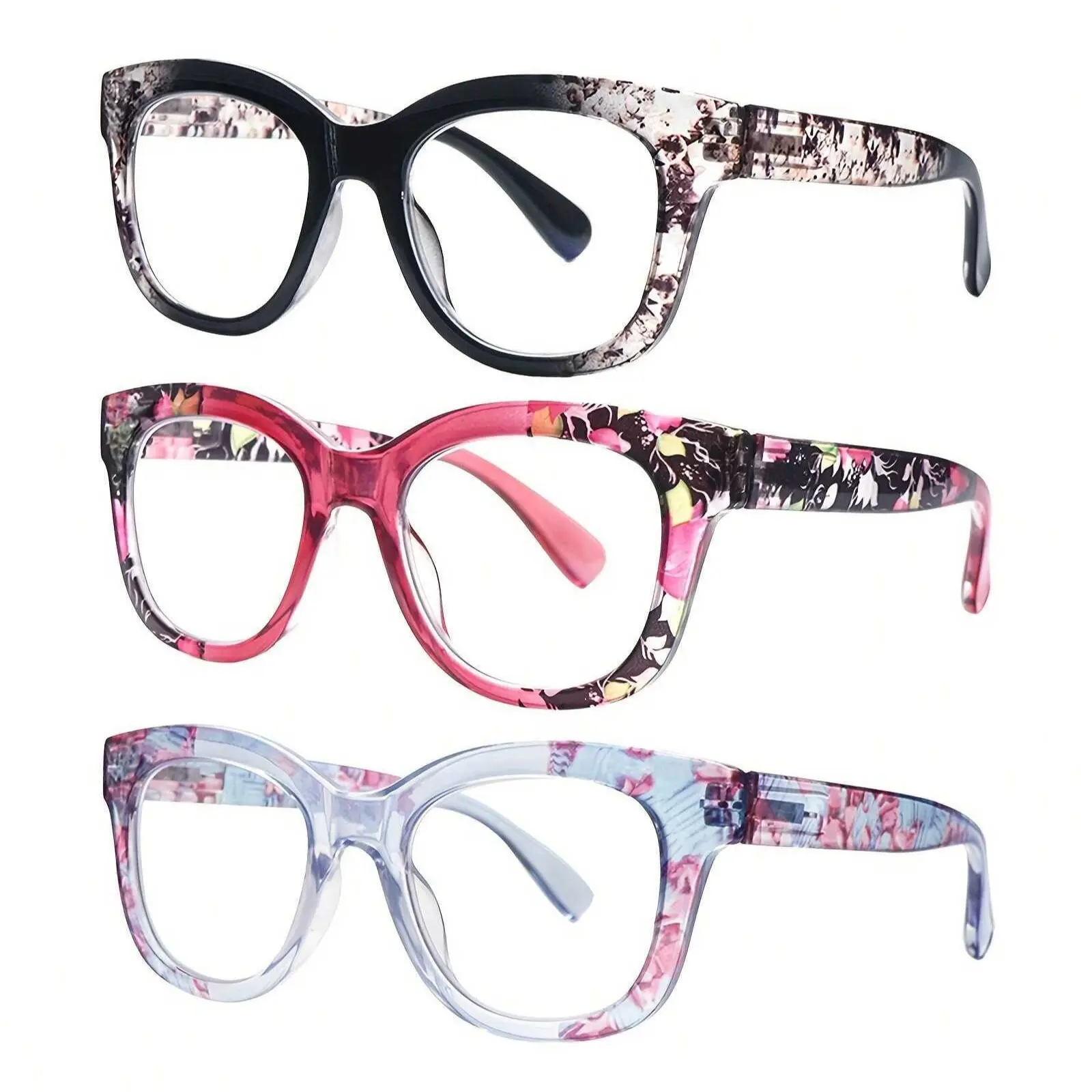 Oversized Style Reading Glasses for Women Blue Light Blocking Fashion Print Round Frames Spring Hinges for Computer Browsing Daily