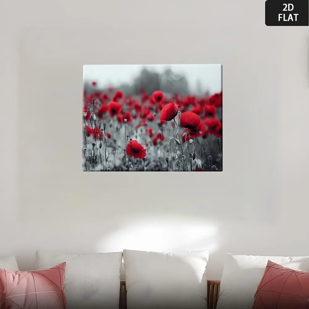 2D Flat Vintage Red Poppies in Full Bloom Canvas Wall Art Print – Black & White Retro Poppy Field Painting with Red Poppies, Framed Wrapped Poster for Living Room, Bedroom, and Kitchen Decor – Minimalist Modern Home Décor, Vibrant Red & Blue