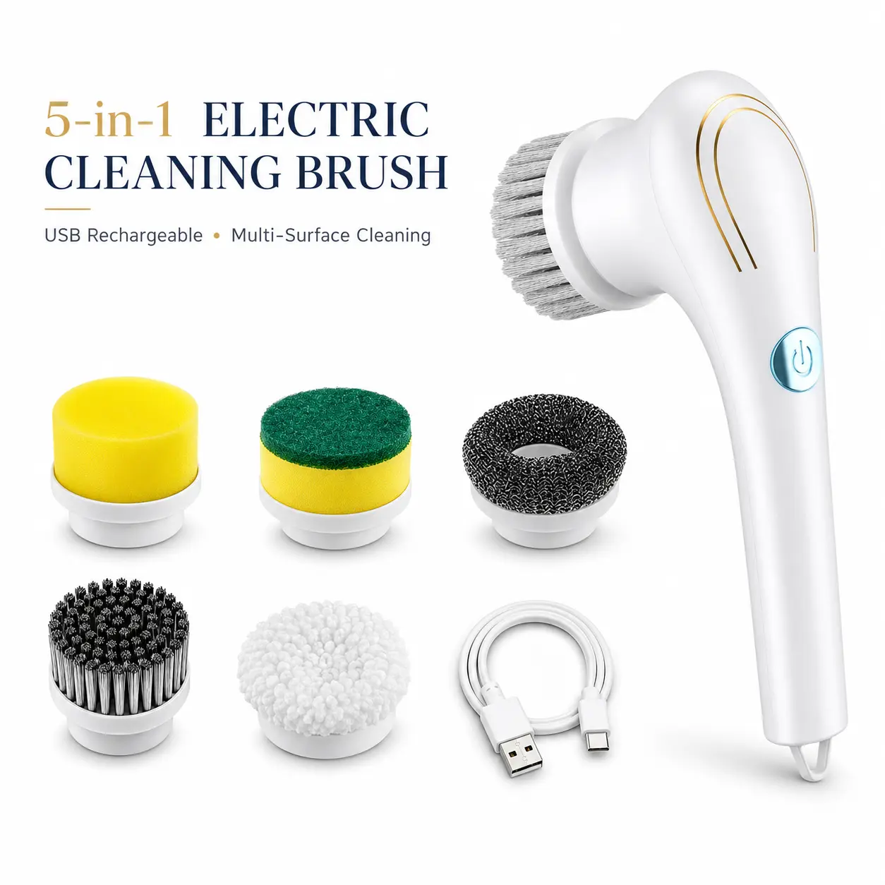 Cordless 5-in-1 Electric Spin Cleaning Brush with Long Handle, Rechargeable Battery & Resin Body, Household Scrubber for Tub, Tile Cleaning