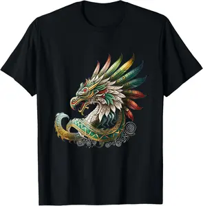 Men's Casual Round Neck Short-Sleeve Cotton T-Shirt - Soft Natural Fabric Fashion Apparel Streetwear Top with Feathered Serpent Aztec Quetzalcoatl Mexican Mythology Graphic, Suitable for Sports