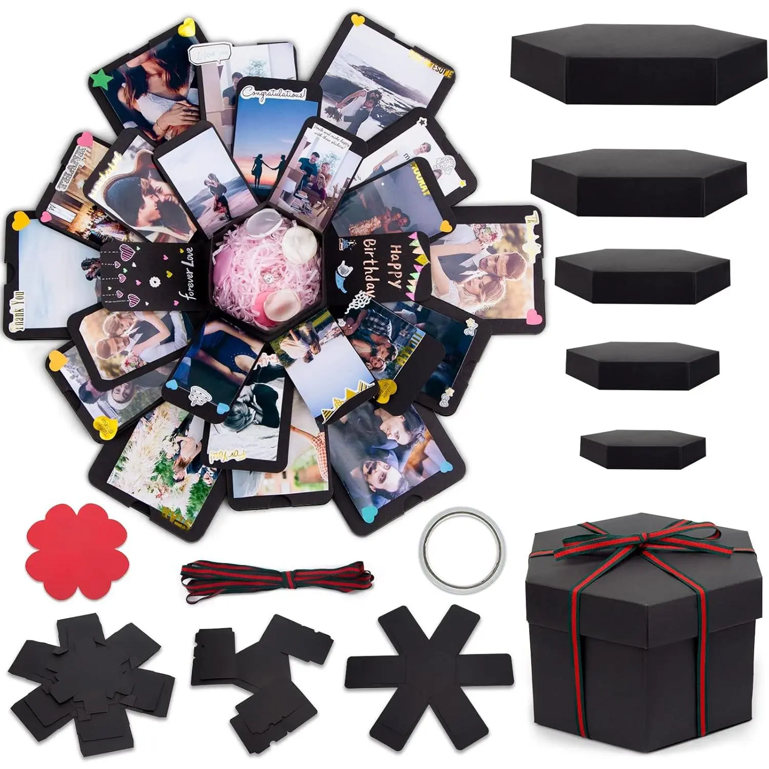 Eco-Friendly Preassembled Explosion Effect Black Cardboard Gift Box Kit - 17x17in Multi-Layer Handmade Photo Album, 36 3.5x2.2in DIY Scrapbooking Accessories, Fade-Resistant, Photo Display, Video Tutorial, Instructions for Wedding, Anniversary, Birthday
