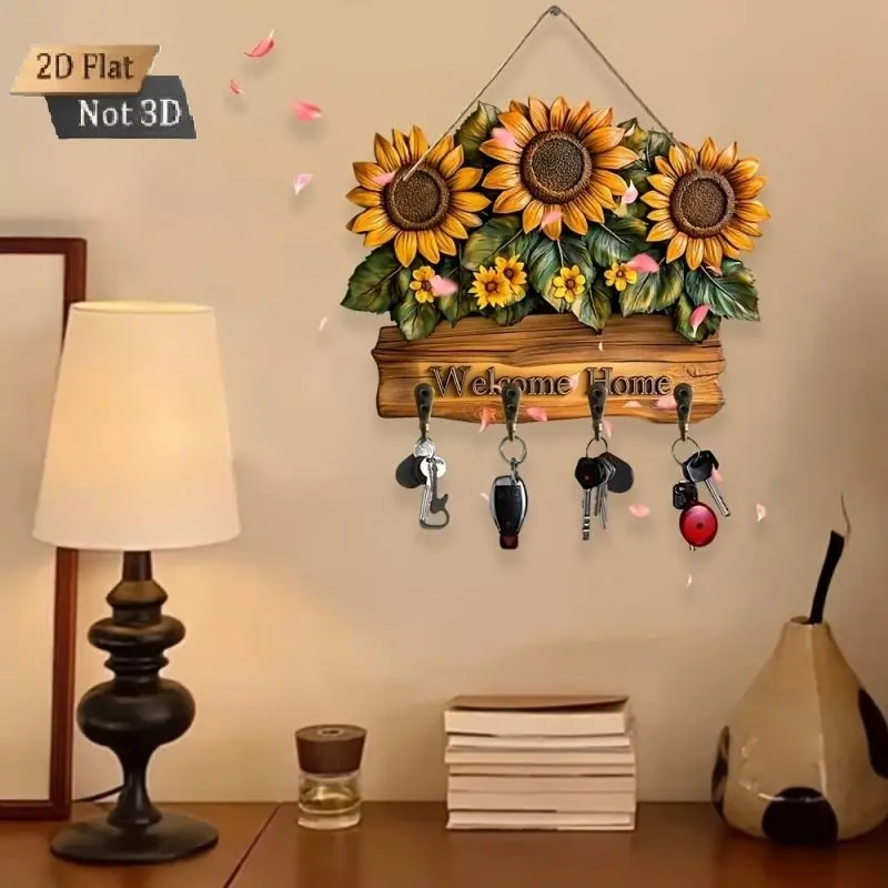2d  1 piece of sunflower country style wooden decorative hanging hook - Wall Hook with "Welcome Home" logo, warm yellow simulated wood,  key hanging rack, suitable for entrance, kitchen, sunflower enthusiasts holiday decoration gifts, retro style