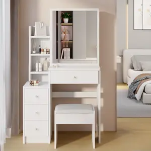 29.2" Small Space Vanity Table Set with Sliding Mirror & Cushioned Stool Multi-Layer Storage Dresser for Bedroom