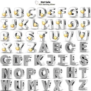 Fit Original Bangle Bracelets DIY A-Z Alphabet Charms Bead 925 Sterling Silver Golden Zircon LOVE Letter Dangle Pendant Jewelry