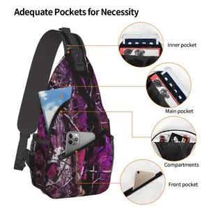 Crossbody Chest Bag Hiking Purple Camouflage Leaves Shoulder Bag with Zip Large Capacity for Shopping Work Leisure Travel Beach Fishing Backpack