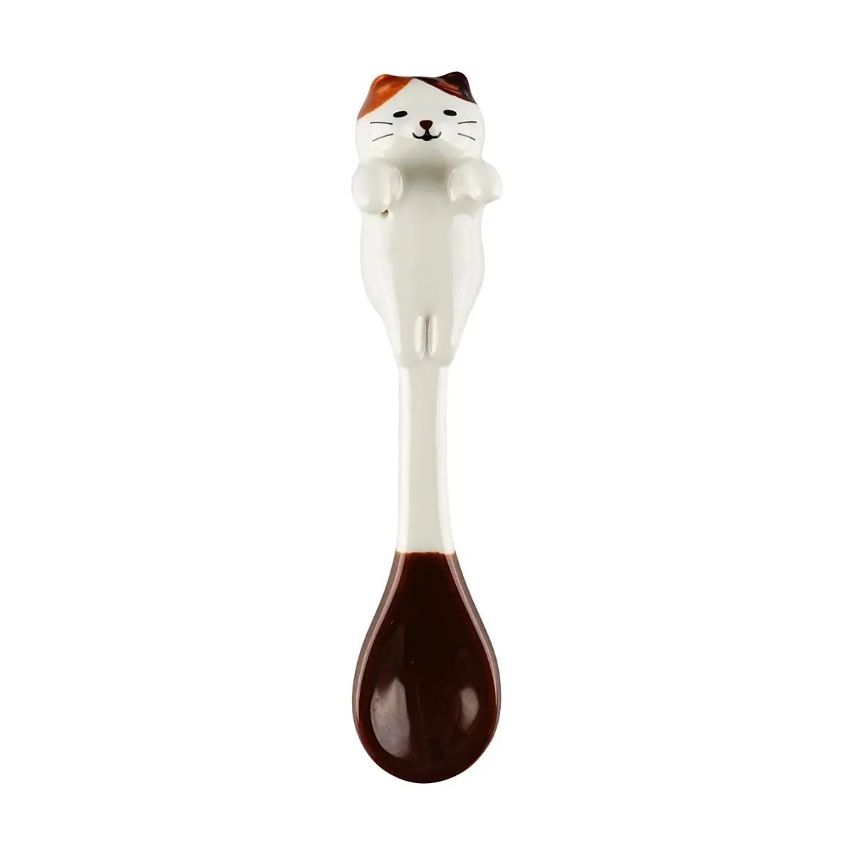 DECOLE Japanese Cat Tail Spoon Wall Hanging Ceramic Utensil for Soup - Calico Cat Design