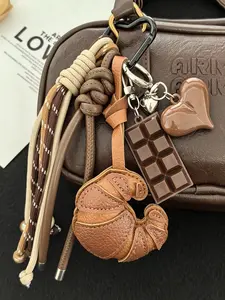 Miu Style Leather Bag Hanger, Cute Croissant Chocolate Keychain, Bohemian Heart Pendant, Perfect for Daily Use, Women's Fashion Accessory