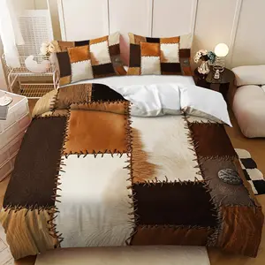 Three-piece bedding set - Brown and white geometric patchwork down comforter set (1 comforter cover + 2 pillowcases, filling not included). A perfect gift for family and friends, soft and comfortable, suitable for family bedrooms and guest rooms.