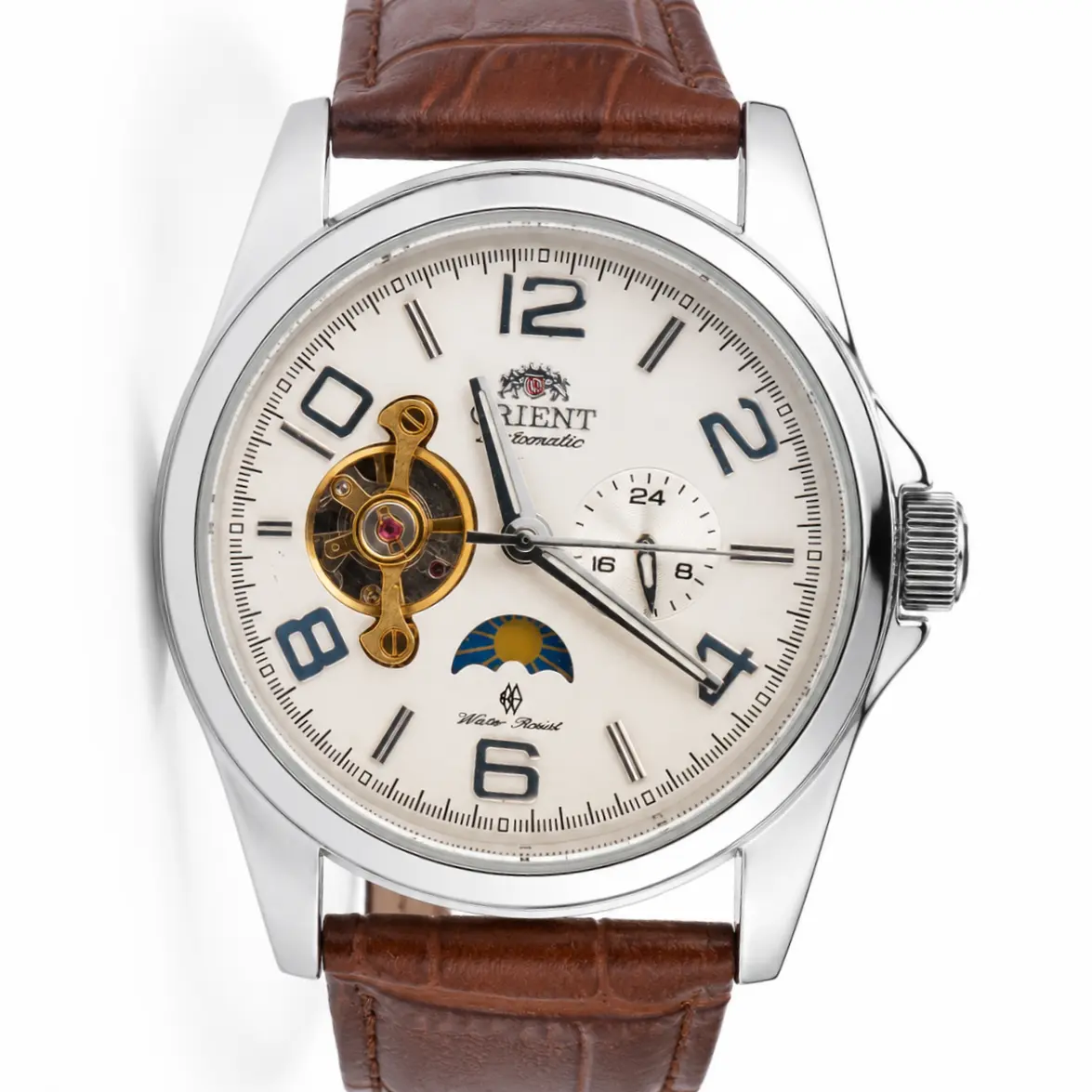 ORIENT  AAA Grade Vintage Open Heart Automatic Watch for Men, Moon Phase & 24H Subdial, Leather Or Steel Strap, Stainless Steel Case, Business Mechanical Dress Wristwatch Reloj Automático de Hombre