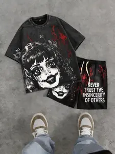 Vintage Washed Distressed Horror Annabelle Graphic T-Shirt & Shorts Set, Y2K Streetwear Oversized Harajuku Gothic Punk Outfit, Summer Casual Streetwear for Men Women, Hip Hop Grunge Aesthetic Two Piece Tracksuit