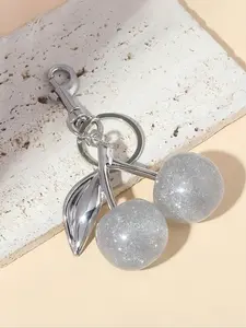 Shiny Silver Color Cherry Pearl Pendant Keychain, Fruit Keychain, Elegant Faux Pearl Charm, Large Crystal Cherry Shape, Fashionable Metal Accessory