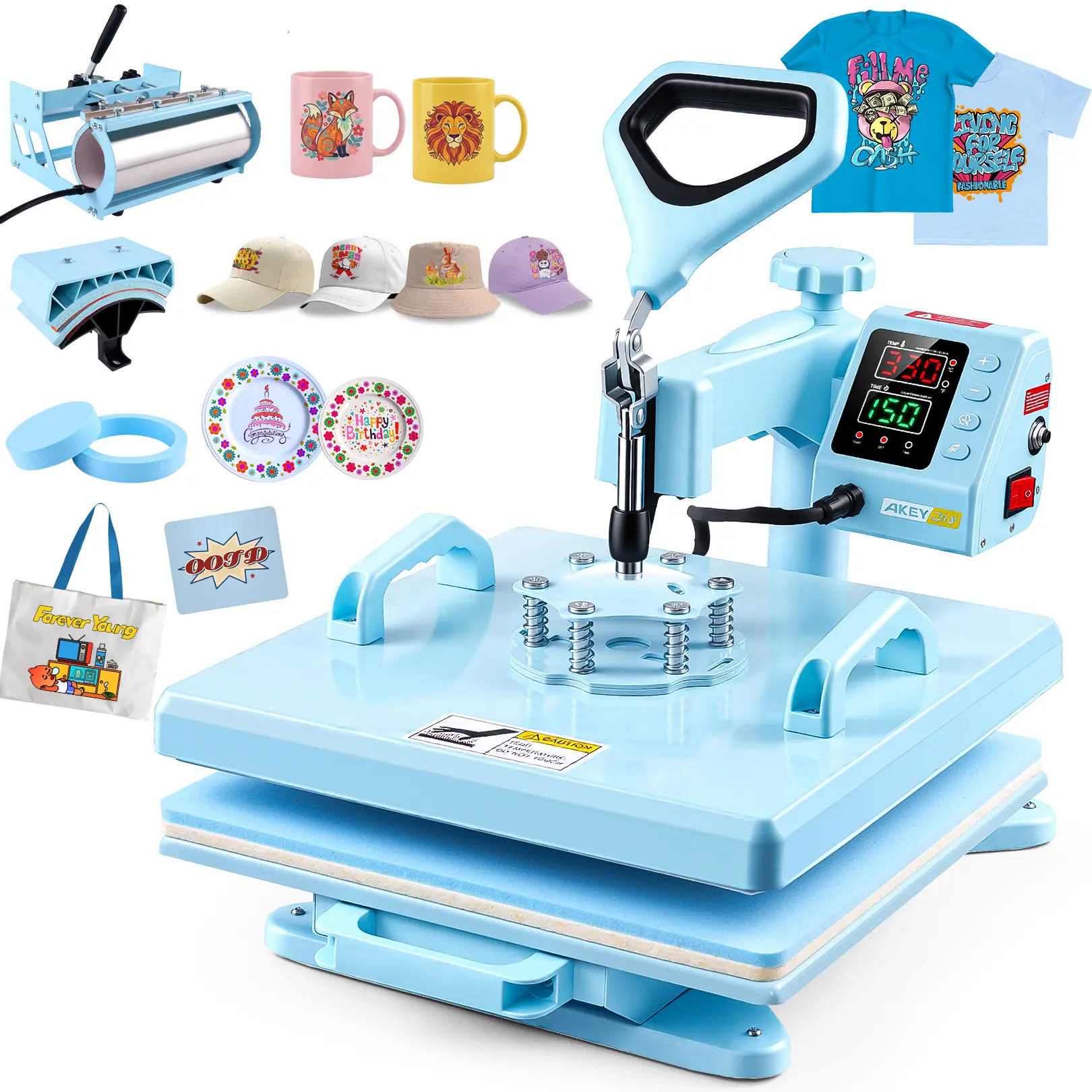 AKEYDIY 5-in-1 Blue Slide-out Heat Press, 15"x15" 360° Swing Away Professional Sublimation Machine for T-shirt Printing, Mug Transfer, Perfect for T-shirts, Mugs, Baseball Caps, Plates, Mousepads, mothersdaygift