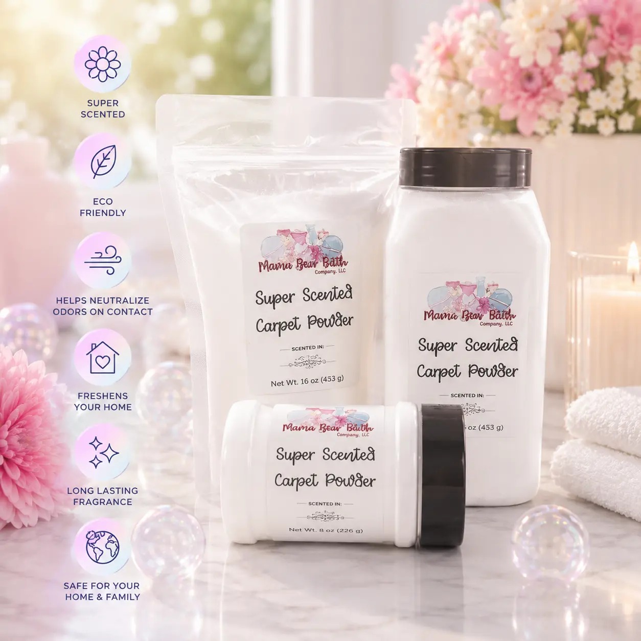 MamaBearBathCo Ultimate Perfume-Scented Carpet Powder Kit, 7oz Shaker Bottle & 12oz Refill Container for Clean Carpets (Home Care Fabric Cleaner)