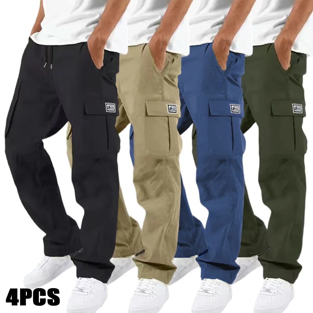 4-pack men’s casual cargo pants featuring adjustable drawstring waist and multiple pockets, loose fit, all-season cargo pants, comfortable and breathable, suitable for outdoor and everyday casual wear