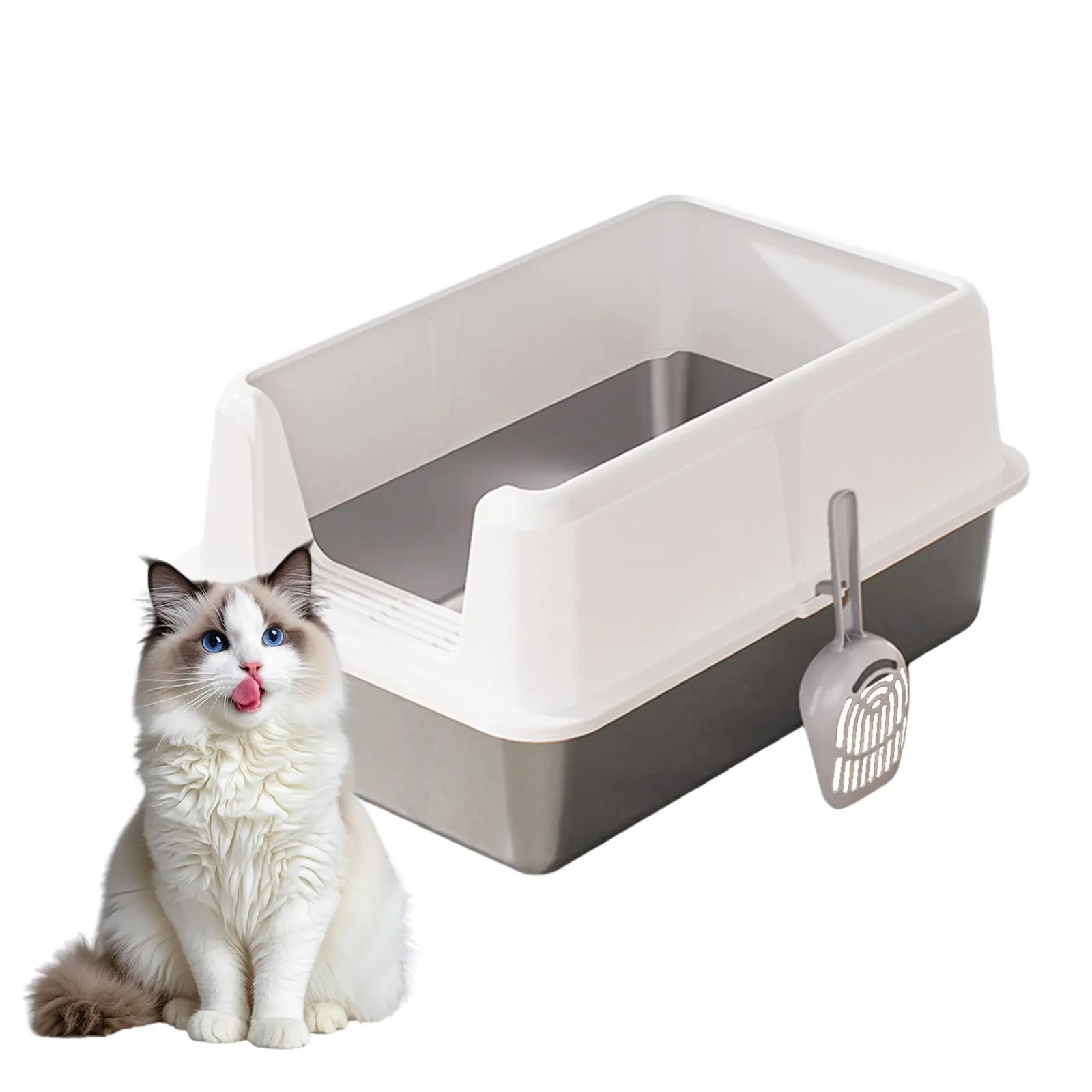 Rectangular Enclosed Stainless Steel Cat Litter Box with Anti-Leak Lid - Large Size, High-Sided, Odor-Controlling, Easy Clean Metal Tray for Big Cats - 60x40x30.5cm, White