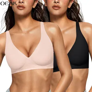 OEAK 2PCS Women's Comfortable Wireless Jelly Bras Push Up Bralettes Seamless T-Shirts Deep V Everyday Bras - Womenswear