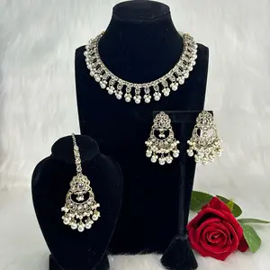 Desi Gold Tone Polki  Necklace with Earrings and Tikka Set - Traditional Indian Jewelry Set Featuring Elegant Design