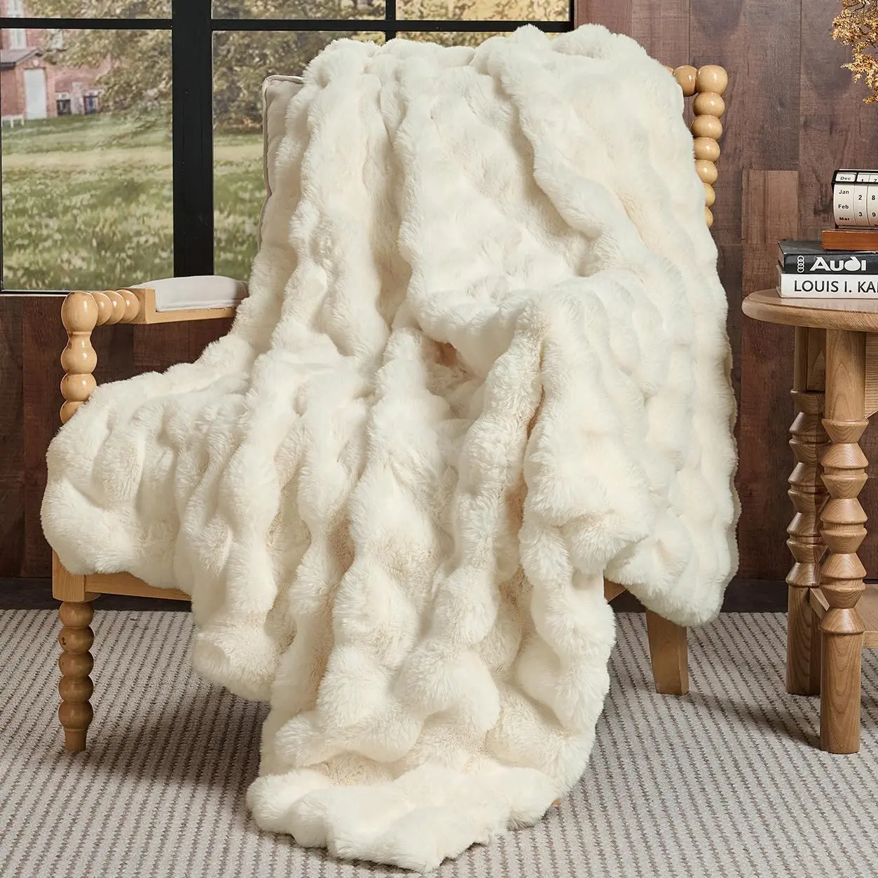 【3D Bubble Texture】Lotus Karen Faux Fur Throw Blanket, Ultra Fluffy Plush Blanket for Couch,  Thick Furry Plush Shaggy Blankets,Bed & Dorm,Gifts forWomen