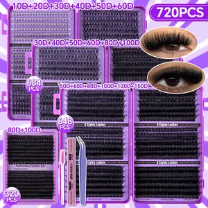 720/684/648/320 Clusters Thick Individual Lash Kit, 100D-150D 6-in-1 Mixed Lashes, w/ Glue & Tools, 8-16mm Mixed Lengths, Fine Natural, Lightweight Soft, Beginner-Friendly, For Daily, Outdoor, Dates, Festivals, Spring Fest Stock-Up